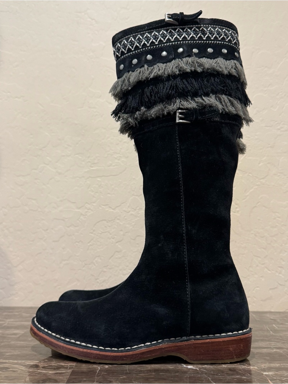 Ugg Kiera Tall Sheepskin Fringe Sherpa Lined Moccasin Boots